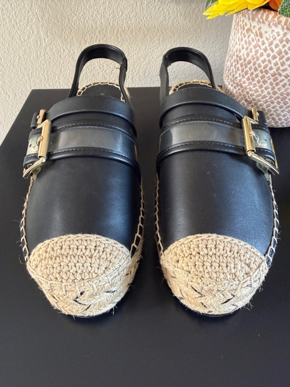 Karl Lagerfeld Black Espadrille Slingback Sandals with Gold Buckle - Picture 6 of 10